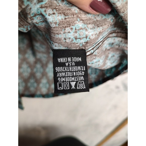 Rock & Roll Denim Kids Western Shirt S Brown Turquoise Diamond Print Snap Front - Picture 8 of 9